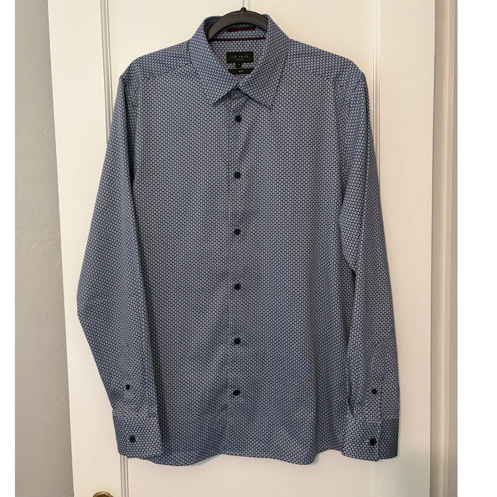 Ted Baker London Mens Slim Fit Geometric Print Button Down Shirt Blue Size 4 L